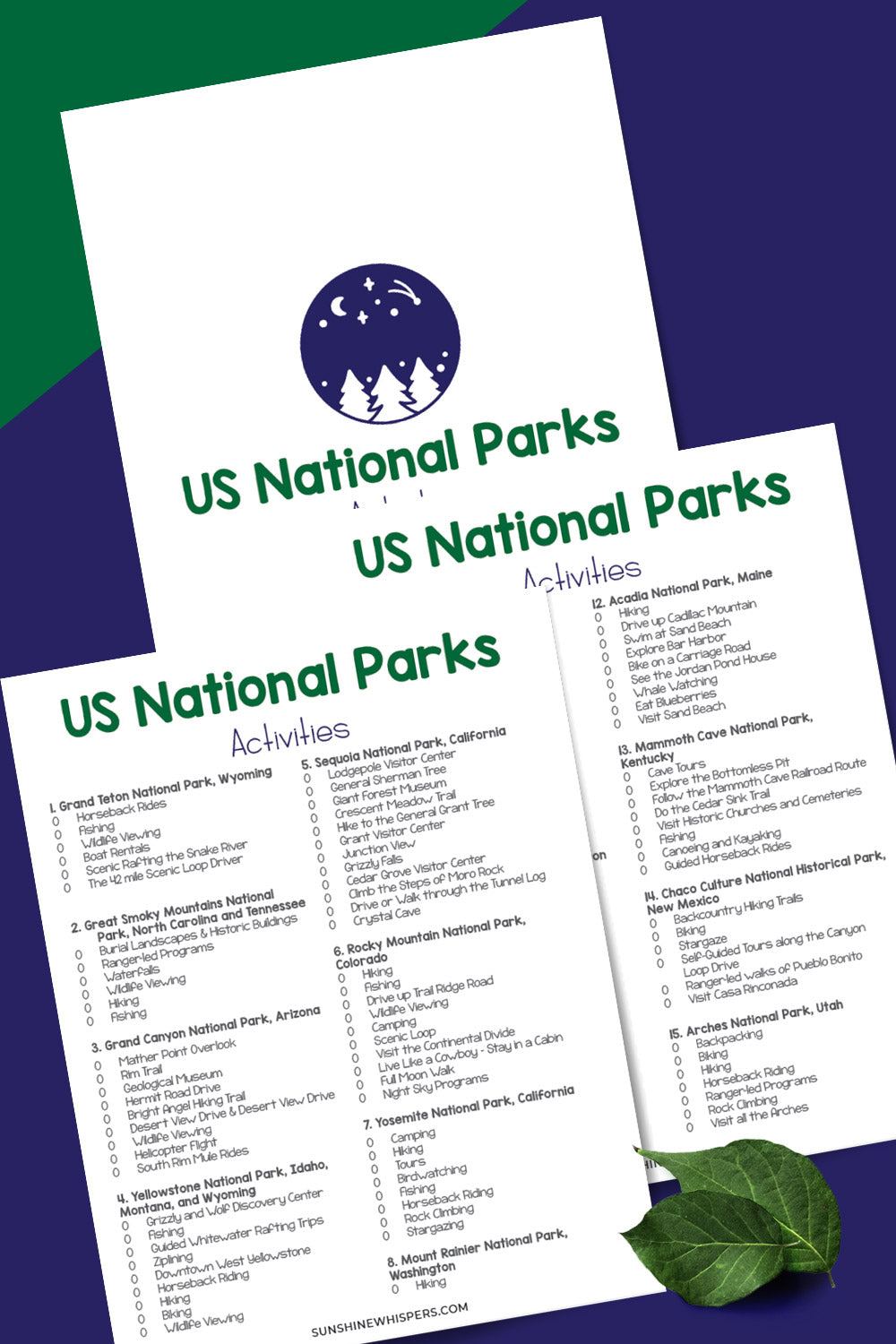 US National Parks Activity Checklist