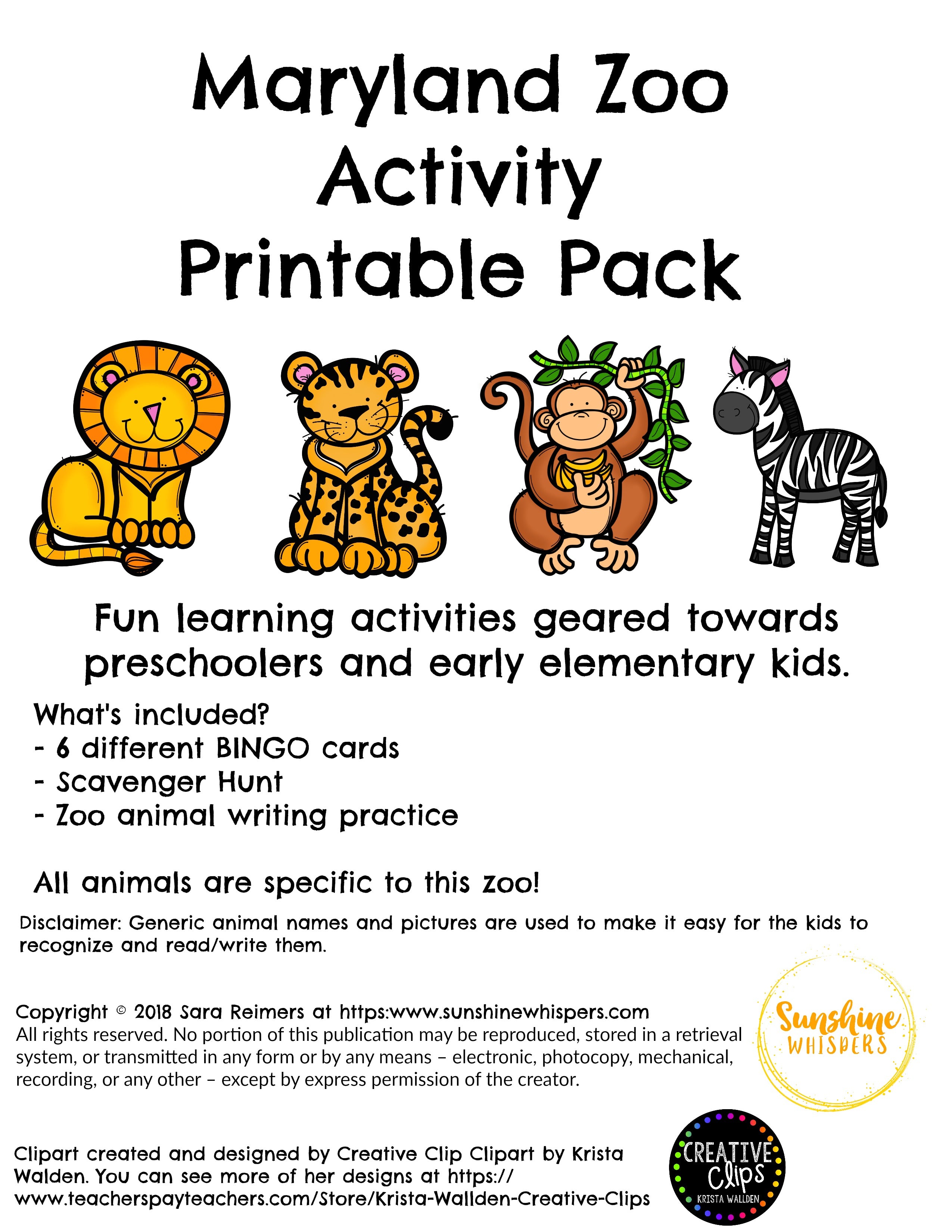 Maryland Zoo Activity Printable Pack – Sunshine Whispers