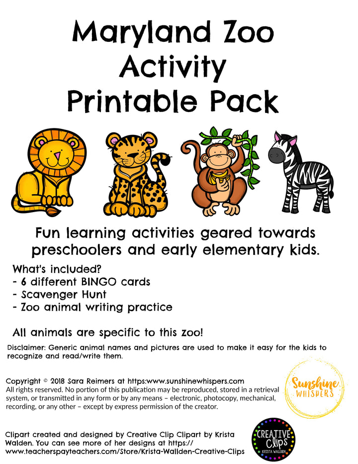 Maryland Zoo Activity Printable Pack
